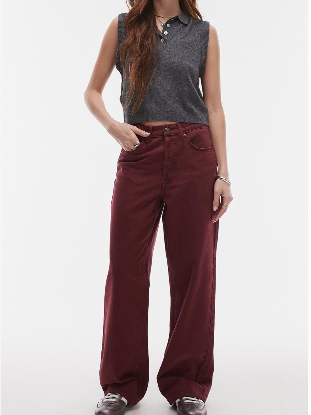 Topshop Wide Leg Column Jeans in Burgundy